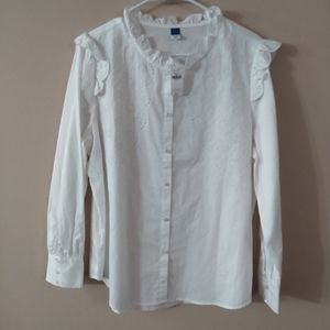 Old Navy Collarless Ruffle-Trimmed Embroidered Button-Down Shirt for Women